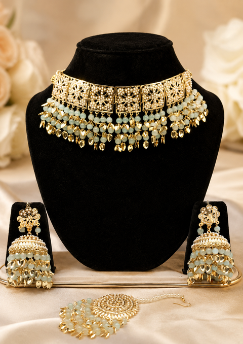 Pastel mint  Pearls Jadau Pipal Patti Punjabi Set With Jhumka & Tikka(slight variation in color and design is possible)