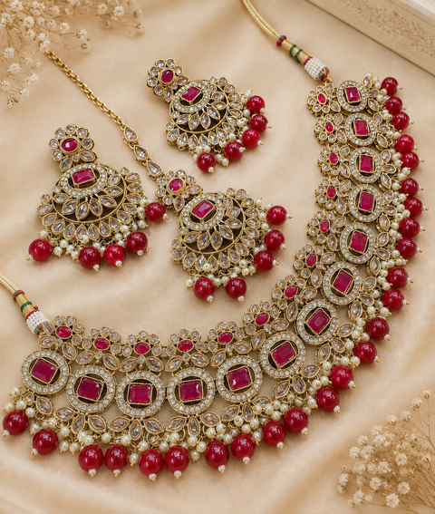 Original polki stone with pearls beaded necklace set with beautiful earrings & tikka