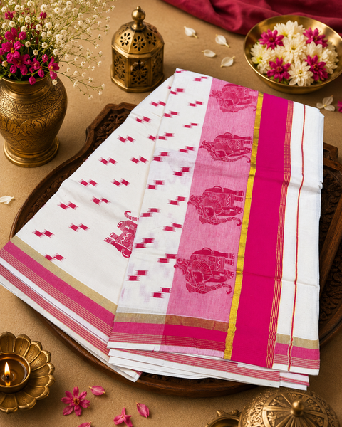 KERALA KASAVU COTTON SAREE WITH BEAUTIFUL ELEPHANT PRINT (slight variation in color & design is possible)