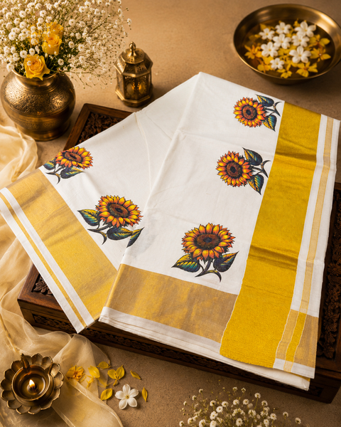 KERALA KASAVU COTTON SAREE WITH BEAUTIFUL FLORAL  PRINT (slight variation in color & design is possible)