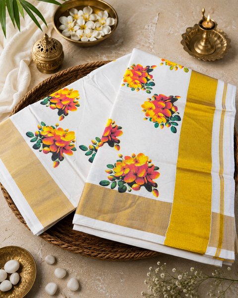 KERALA KASAVU COTTON SAREE WITH BEAUTIFUL FLORAL  PRINT (slight variation in color & design is possible)