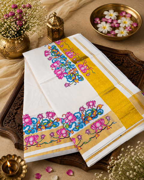 KERALA KASAVU COTTON SAREE WITH BEAUTIFUL Lotus PRINT (slight variation in color & design is possible)