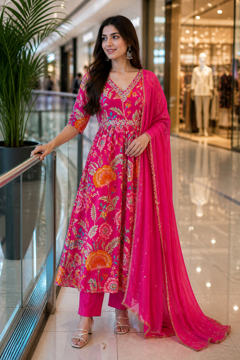 Pure chinnon georgette based Printed with embroidery work & Mirror work designer Kurti with Plazo Pants & beautiful Dupatta