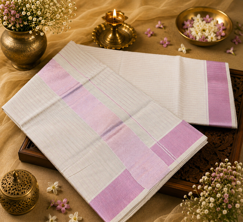 PINK ZARI KERALA KASAVU COTTON SAREE WITH BEAUTIFUL PRINT (slight variation in color & design is possible)