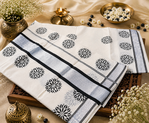 KERALA KASAVU COTTON SAREE WITH BEAUTIFUL PRINT (slight variation in color & design is possible)