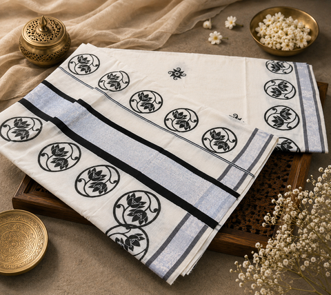 KERALA KASAVU COTTON SAREE WITH BEAUTIFUL PRINT (slight variation in color & design is possible)
