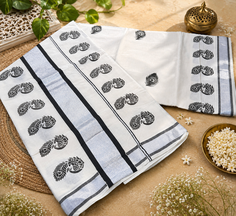 KERALA KASAVU COTTON SAREE WITH BEAUTIFUL PRINT (slight variation in color & design is possible)