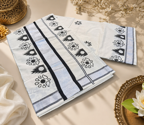 KERALA KASAVU COTTON SAREE WITH BEAUTIFUL PRINT (slight variation in color & design is possible)