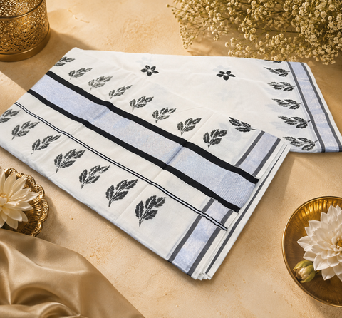 KERALA KASAVU COTTON SAREE WITH BEAUTIFUL PRINT (slight variation in color & design is possible)