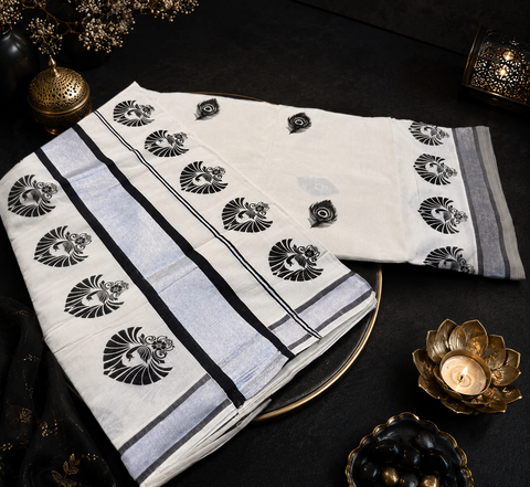 KERALA KASAVU COTTON SAREE WITH BEAUTIFUL PRINT (slight variation in color & design is possible)
