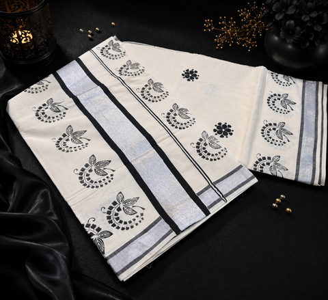 KERALA KASAVU COTTON SAREE WITH BEAUTIFUL PRINT (slight variation in color & design is possible)