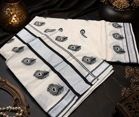 KERALA KASAVU COTTON SAREE WITH BEAUTIFUL PRINT (slight variation in color & design is possible)