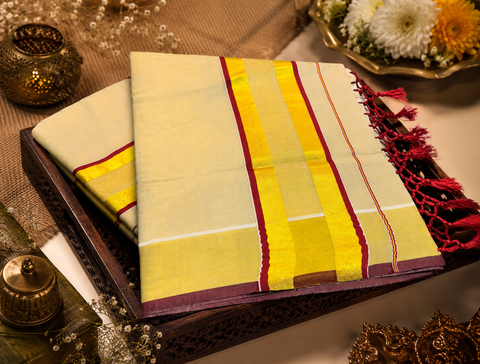 KERALA GOLD TISSUE WITH GOLD ZARI BORDER BEAUTIFUL SAREE (slight variation in color & design is possible)