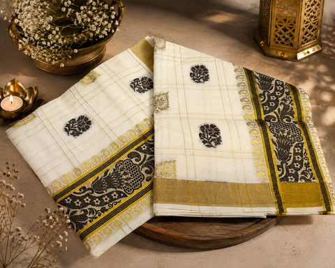 KERALA GOLD kasavu cotton WITH GOLD ZARI BORDER BEAUTIFUL SAREE (slight variation in color & design is possible)