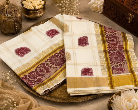 KERALA GOLD kasavu cotton WITH GOLD ZARI BORDER BEAUTIFUL SAREE (slight variation in color & design is possible)