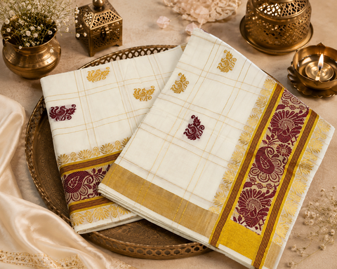 Peacock design KERALA GOLD kasavu cotton WITH GOLD ZARI BORDER BEAUTIFUL SAREE (slight variation in color & design is possible)