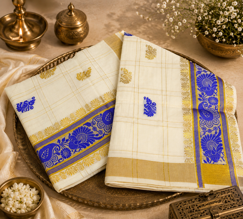 Peacock design KERALA GOLD kasavu cotton WITH GOLD ZARI BORDER BEAUTIFUL SAREE (slight variation in color & design is possible)