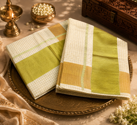 CHECK DESIGN KERALA GOLD TISSUE WITH GOLD ZARI BORDER BEAUTIFUL SAREE (slight variation in color & design is possible)