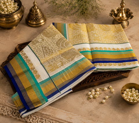 Deer design with gold zari work KERALA GOLD TISSUE WITH GOLD ZARI BORDER BEAUTIFUL SAREE (slight variation in color & design is possible)