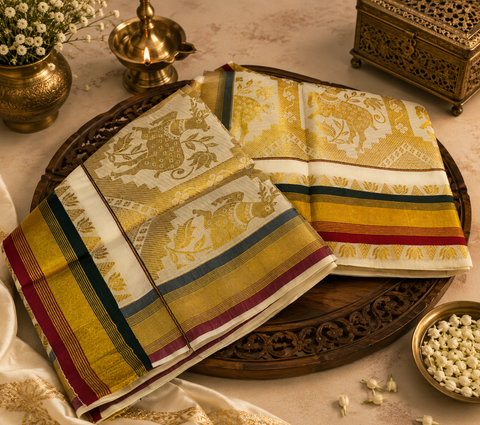 Deer design with gold zari work KERALA GOLD TISSUE WITH GOLD ZARI BORDER BEAUTIFUL SAREE (slight variation in color & design is possible)