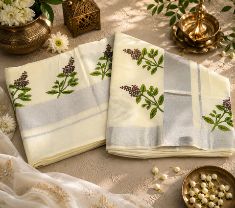 Tulsi print KERALA COTTON WITH GOLD ZARI BORDER BEAUTIFUL SAREE (slight variation in color & design is possible)
