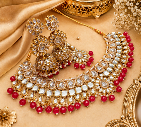 Red Beautiful Kundan and pearls work classy necklace set with beautiful earrings & Tikka