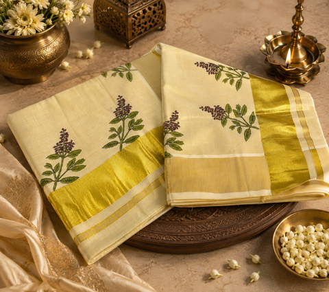 Tulsi print KERALA GOLD TISSUE WITH GOLD ZARI BORDER BEAUTIFUL SAREE (slight variation in color & design is possible)