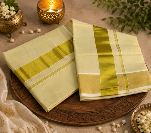 Bright gold KERALA GOLD TISSUE WITH GOLD ZARI BORDER BEAUTIFUL SAREE(slight variation in color & design is possible)