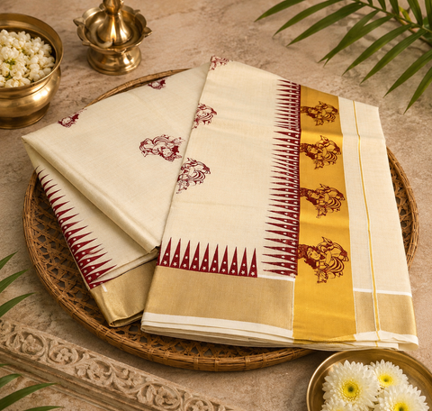 KERALA GOLD TISSUE WITH DIGITAL PRINT BEAUTIFUL SAREE (slight variation in color & design is possible)