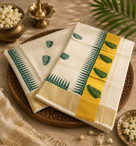 KERALA GOLD TISSUE WITH DIGITAL PRINT BEAUTIFUL SAREE (slight variation in color & design is possible)
