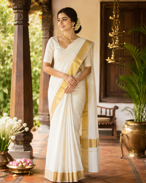 KERALA KASAVU COTTON  WITH GOLD ZARI BORDER BEAUTIFUL SAREE (slight variation in color & design is possible)