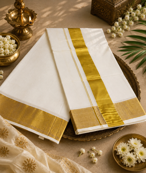 KERALA KASAVU COTTON  WITH GOLD ZARI BORDER BEAUTIFUL SAREE (slight variation in color & design is possible)