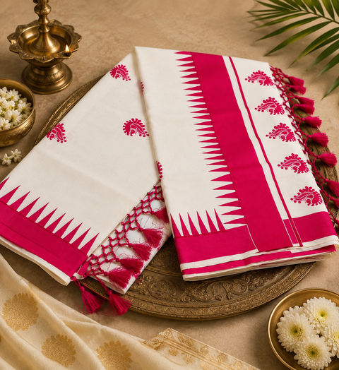 KERALA KASAVU COTTON SAREE WITH BEAUTIFUL PRINT (slight variation in color & design is possible)