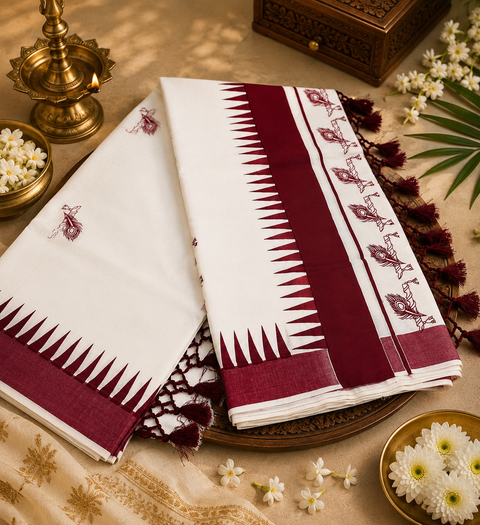 KERALA KASAVU COTTON SAREE WITH BEAUTIFUL PRINT (slight variation in color & design is possible)