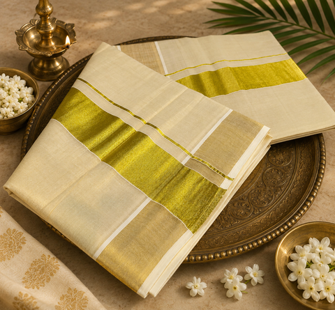 KERALA GOLD TISSUE WITH GOLD ZARI BORDER BEAUTIFUL SAREE (slight variation in color & design is possible)