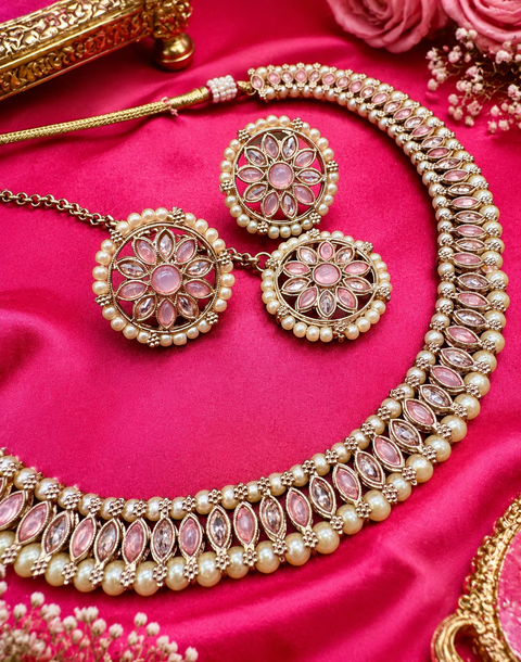 Polki And Pearls Work Beautiful Necklace Set With studs & Tikka