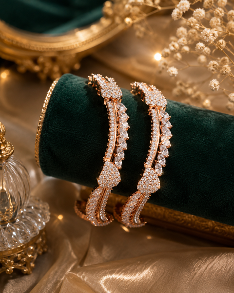 Sparkle with timeless elegance – Premium American Diamond crystal shine bangles in a luxurious rose gold finish.(Slight variations in color and design is possible)