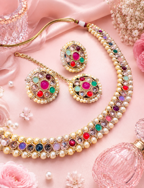 Polki And Pearls Work Beautiful Necklace Set With studs & Tikka