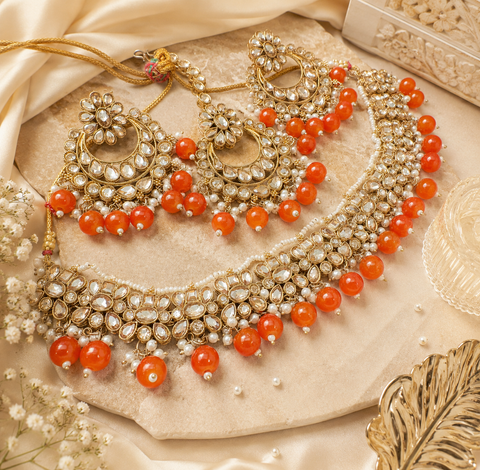 Original Polki stone with pearls beaded work beautiful necklace with earrings and tikka set