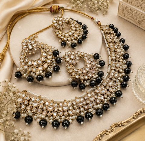 Original Polki stone with pearls beaded work beautiful necklace with earrings and tikka set