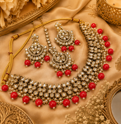 Original Polki stone with pearls beaded work beautiful necklace with earrings and tikka set