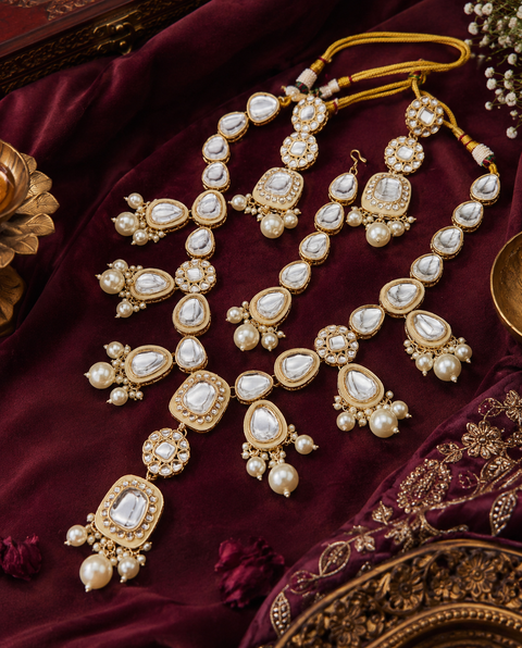 Kundan with jerkan stone designer long necklace with earrings