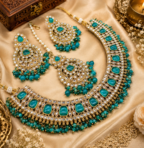 Original Polki stone with Kundan stone studded crystals and pearls Work Necklace Set With Earrings & Tikka