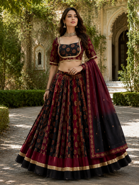Elegant cotton based Printed Chaniya Choli Set featuring a beautifully flared skirt, stylish printed blouse with designer back, and matching dual-tone dupatta .(slight variation in color and design is possible)