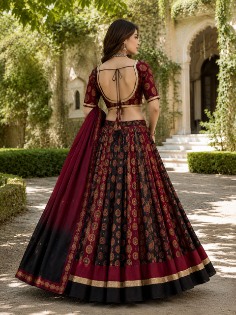 Elegant cotton based Printed Chaniya Choli Set featuring a beautifully flared skirt, stylish printed blouse with designer back, and matching dual-tone dupatta .(slight variation in color and design is possible)