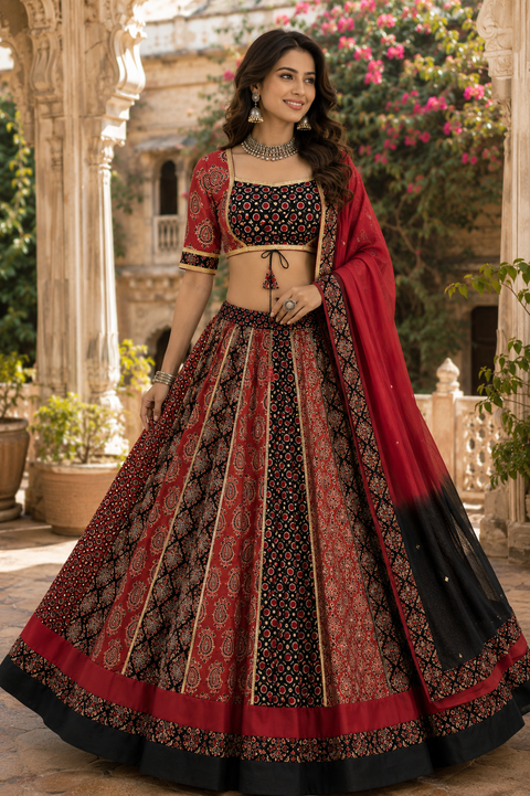 Elegant cotton based Printed Chaniya Choli Set featuring a beautifully flared skirt, stylish printed blouse with designer back, and matching dual-tone dupatta .(slight variation in color and design is possible)