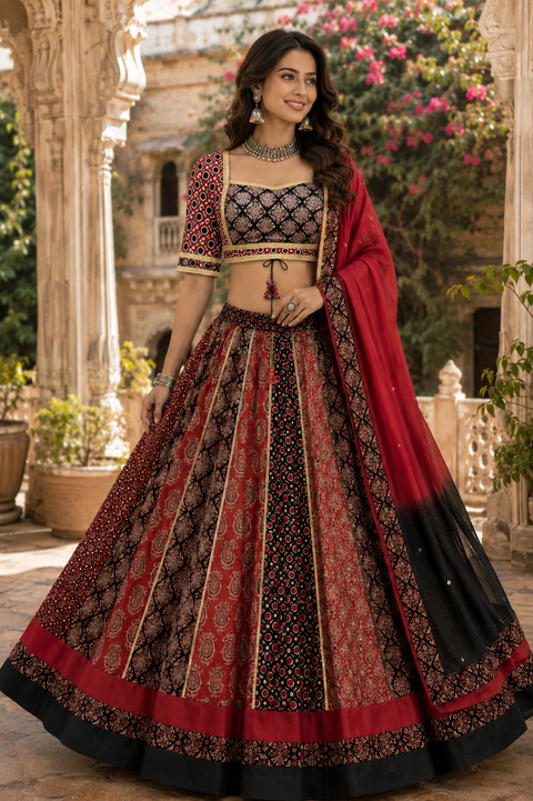 Elegant cotton based Printed Chaniya Choli Set featuring a beautifully flared skirt, stylish printed blouse with designer back, and matching dual-tone dupatta .(slight variation in color and design is possible)
