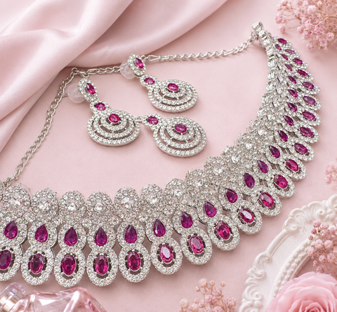 Silver jerkan stone beautiful choker necklace with earrings and tikka set