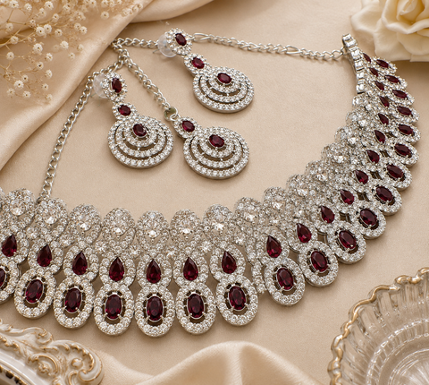Silver jerkan stone beautiful choker necklace with earrings and tikka set