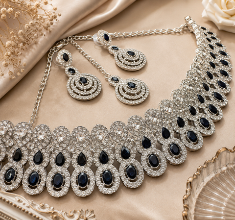 Silver jerkan stone beautiful choker necklace with earrings and tikka set